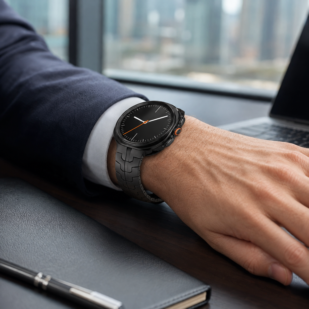 Black Avontic CrestLink steel band on a circular Galaxy Watch Ultra-style watch