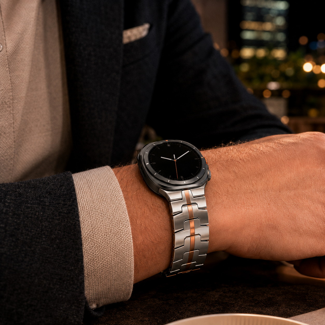 Silver Gold Avontic CrestLink band on a circular Galaxy Watch Ultra-style watch