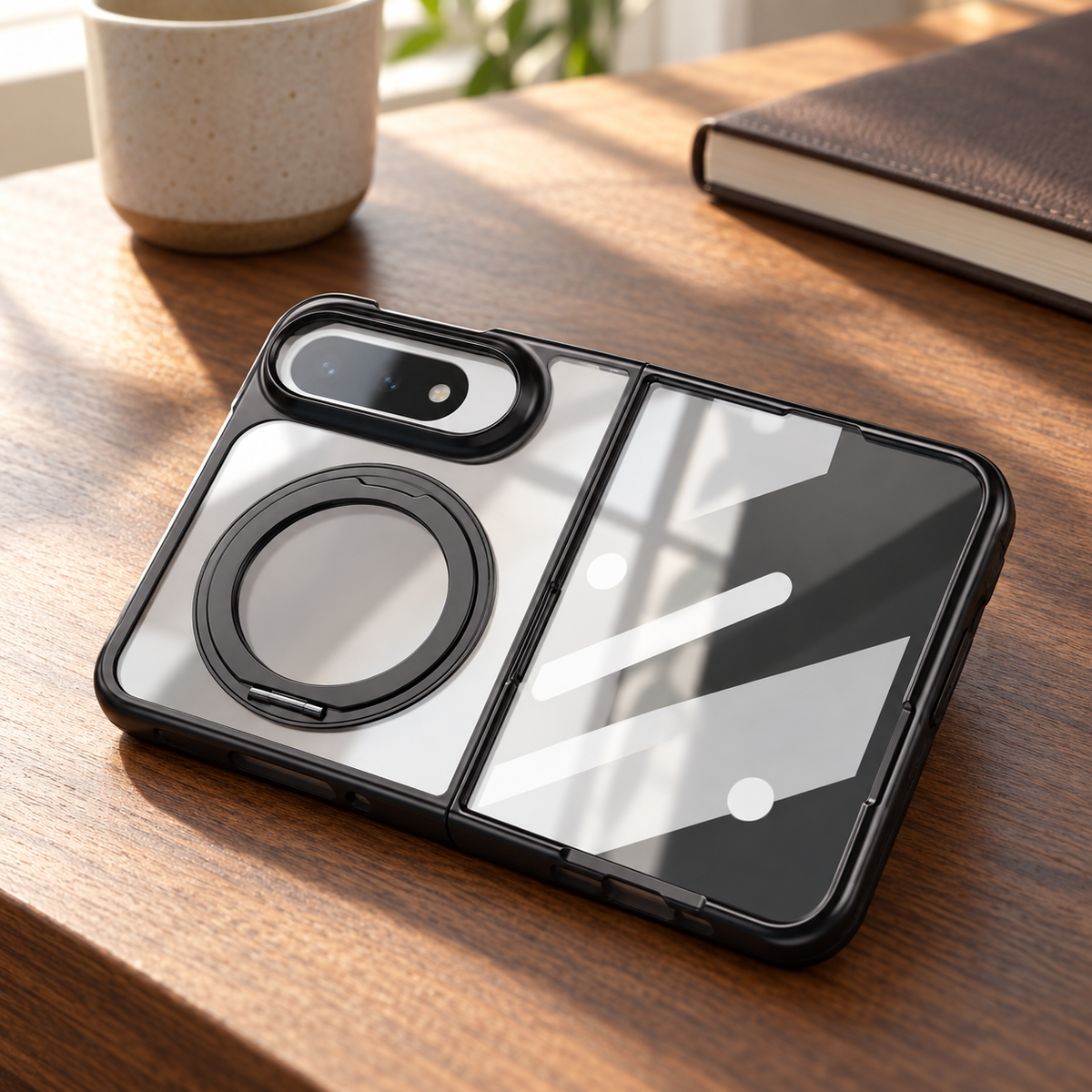 Avontic Duo Halo Clear Magnetic Stand Case — desk lifestyle view