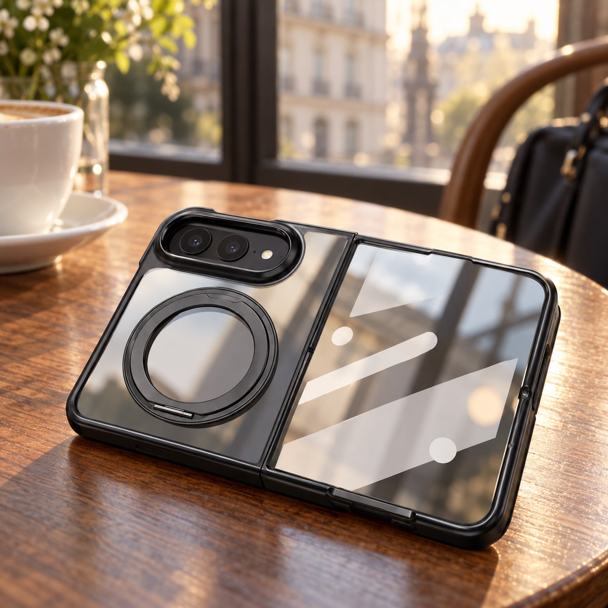 Avontic Duo Halo Clear Magnetic Stand Case — cafe lifestyle view