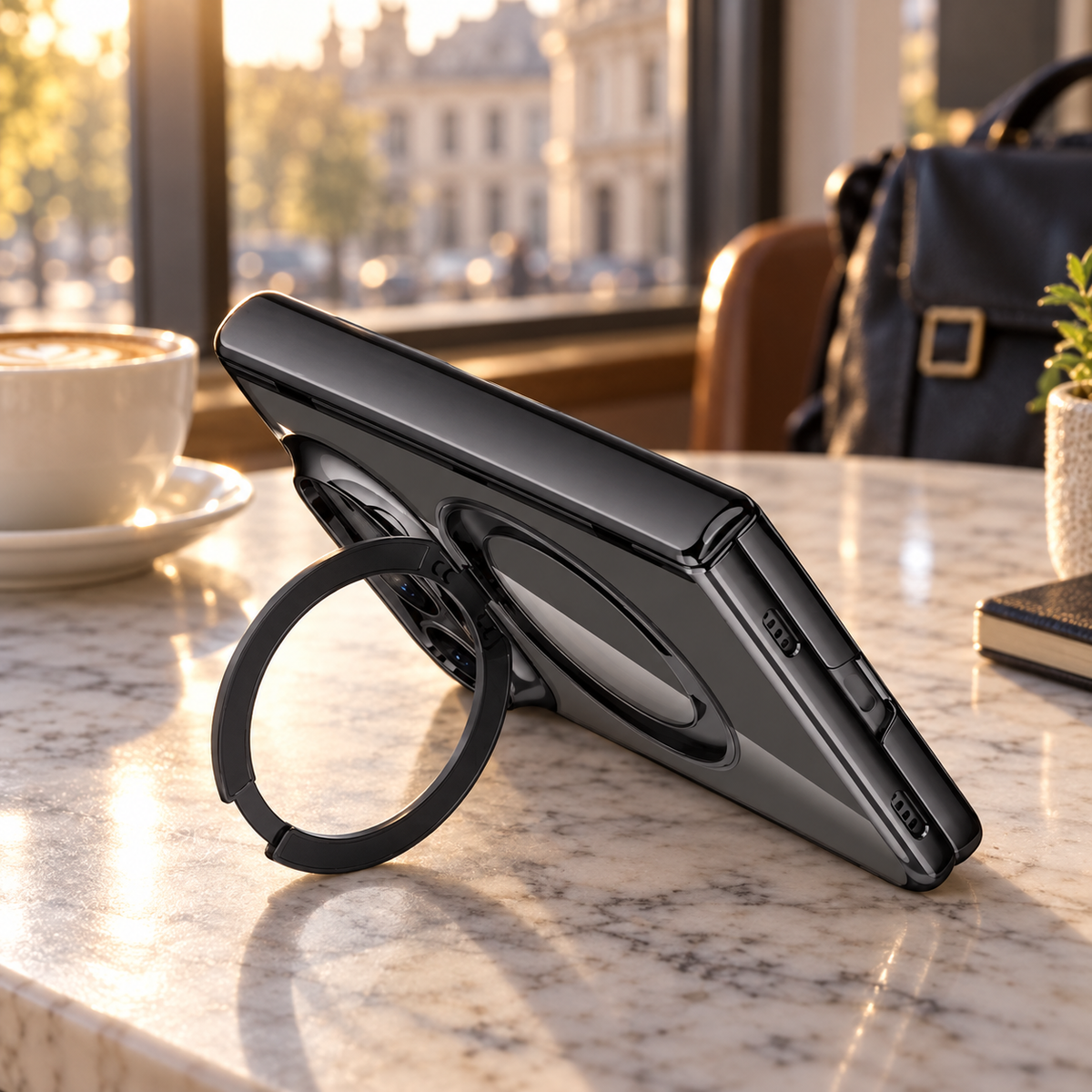 Avontic Duo Pivot Magnetic Hinge Stand Case — cafe lifestyle view