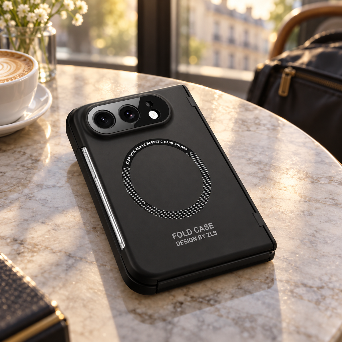 RhinoGuard Duo Sentinel Magnetic Hinge Case — cafe lifestyle view