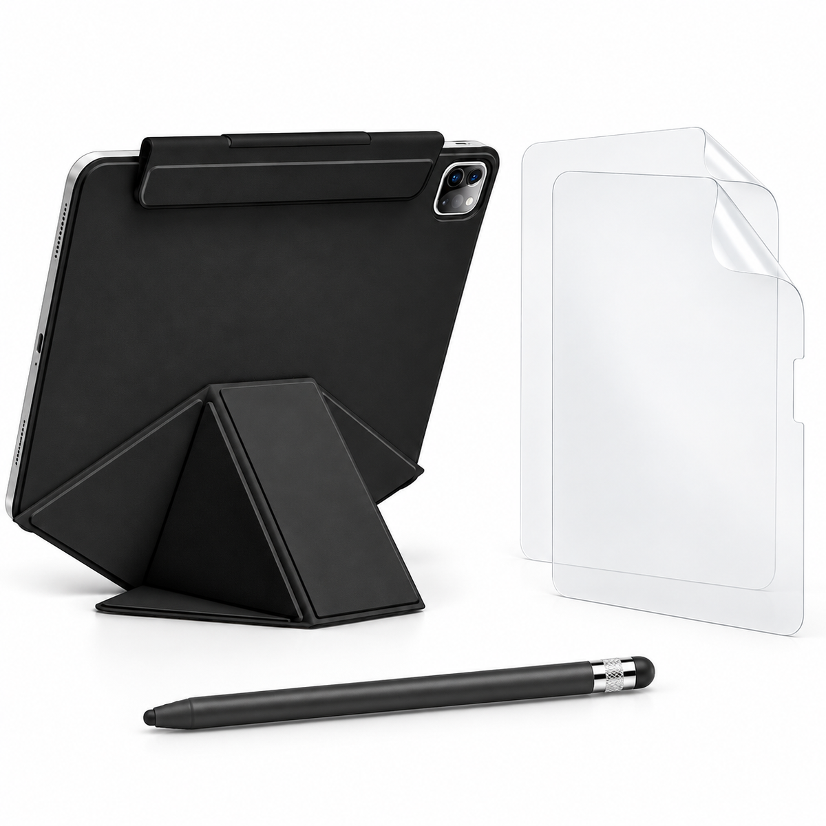 FormaLift Elevate case in black, two PaperTouch matte screen films and a black ApexTouch stylus, on white