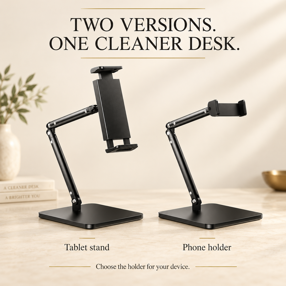 Avontic Elevate tablet stand and phone holder versions shown separately