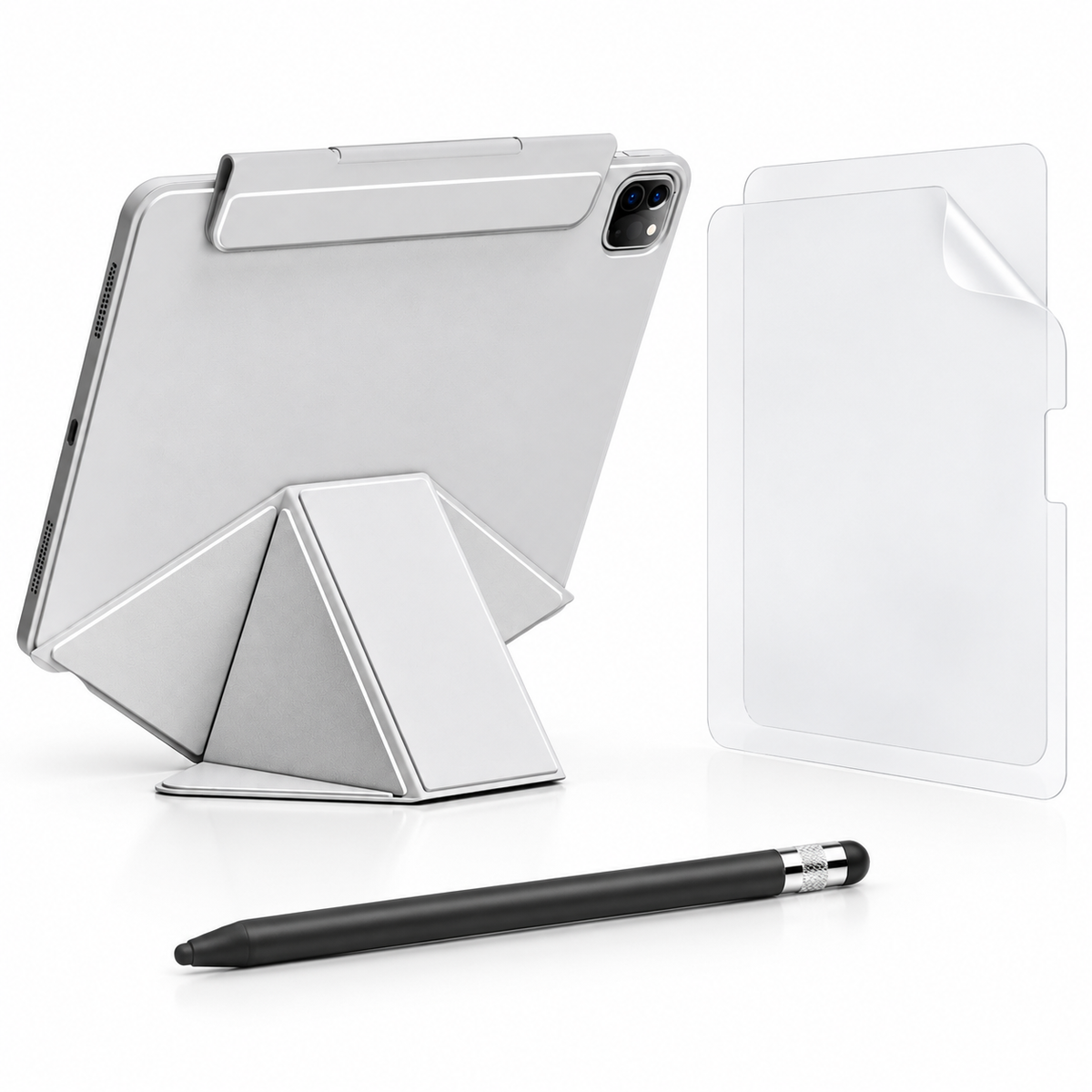 FormaLift Elevate case in grey, two PaperTouch matte screen films and a black ApexTouch stylus, on white