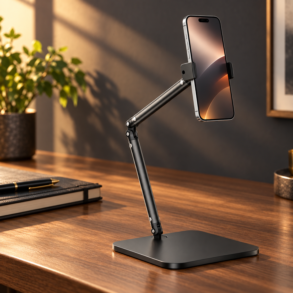 Avontic Elevate phone holder on a walnut desk; phone not included