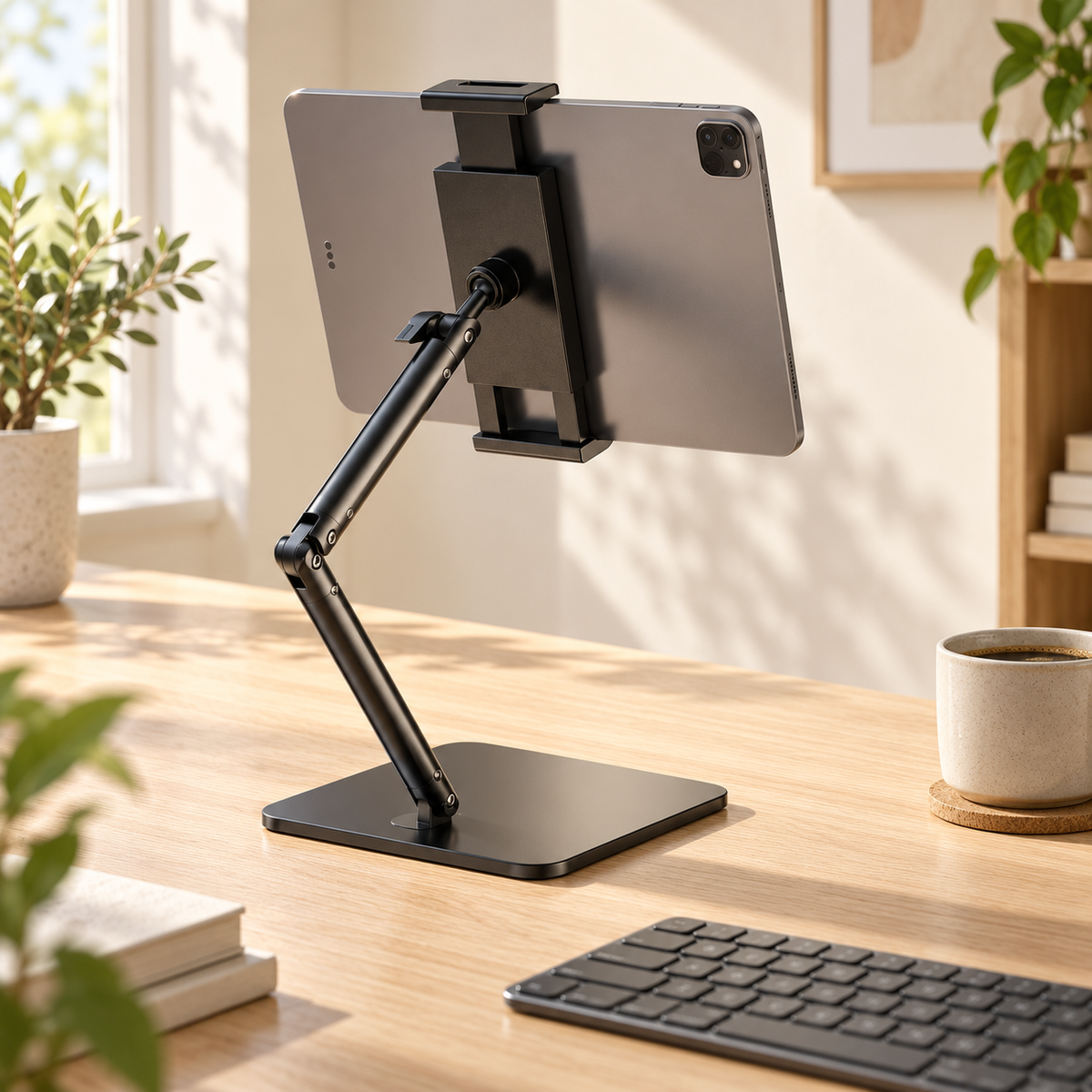 Avontic Elevate tablet stand on an oak desk; tablet and keyboard not included