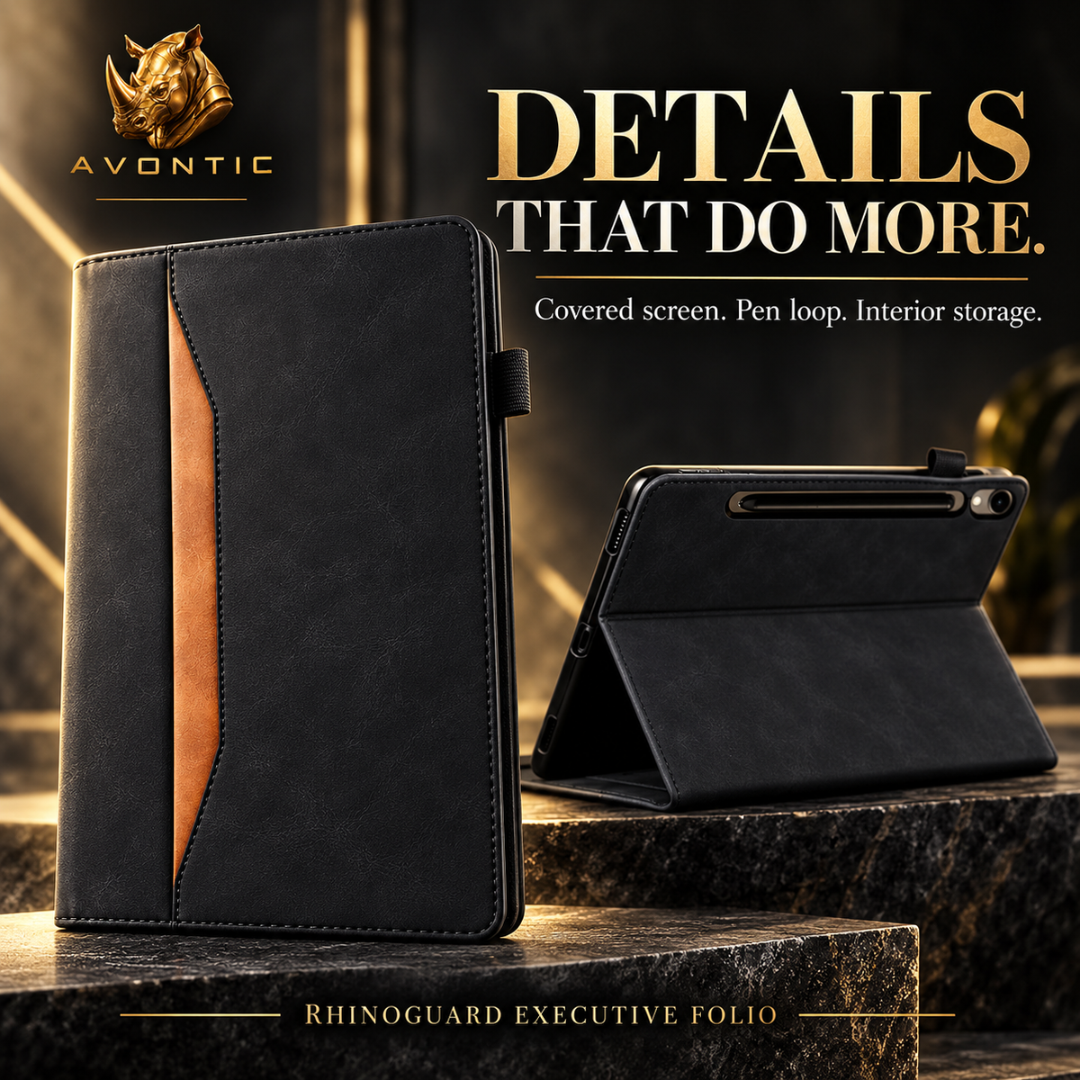 RhinoGuard Executive Folio — product benefits 3 — Avontic gold rhino branding