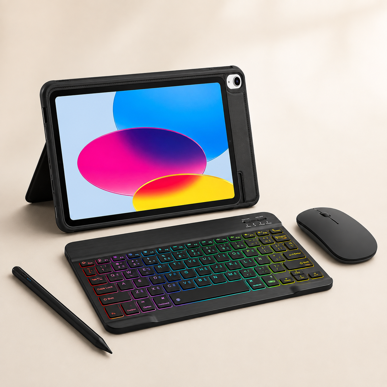 Black Executive WorkForce leather-finish iPad case with colorful backlit RhinoKeys 10-inch keyboard, wireless mouse and universal stylus