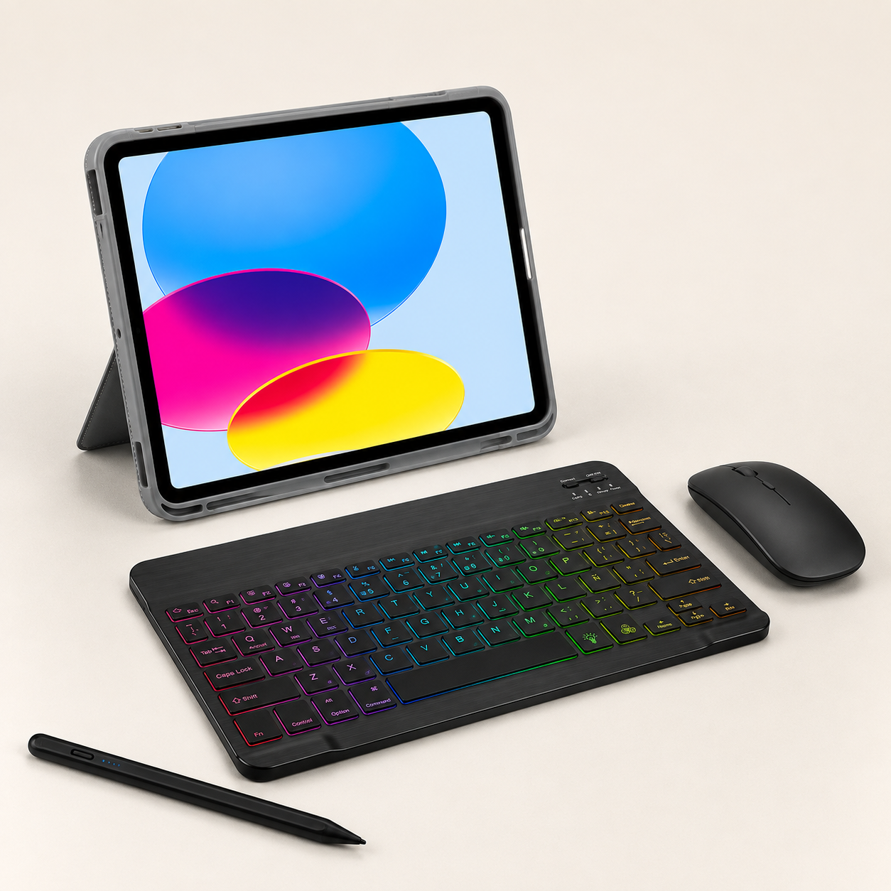 Gray Executive WorkForce leather-finish iPad case with colorful backlit RhinoKeys 10-inch keyboard, wireless mouse and universal stylus