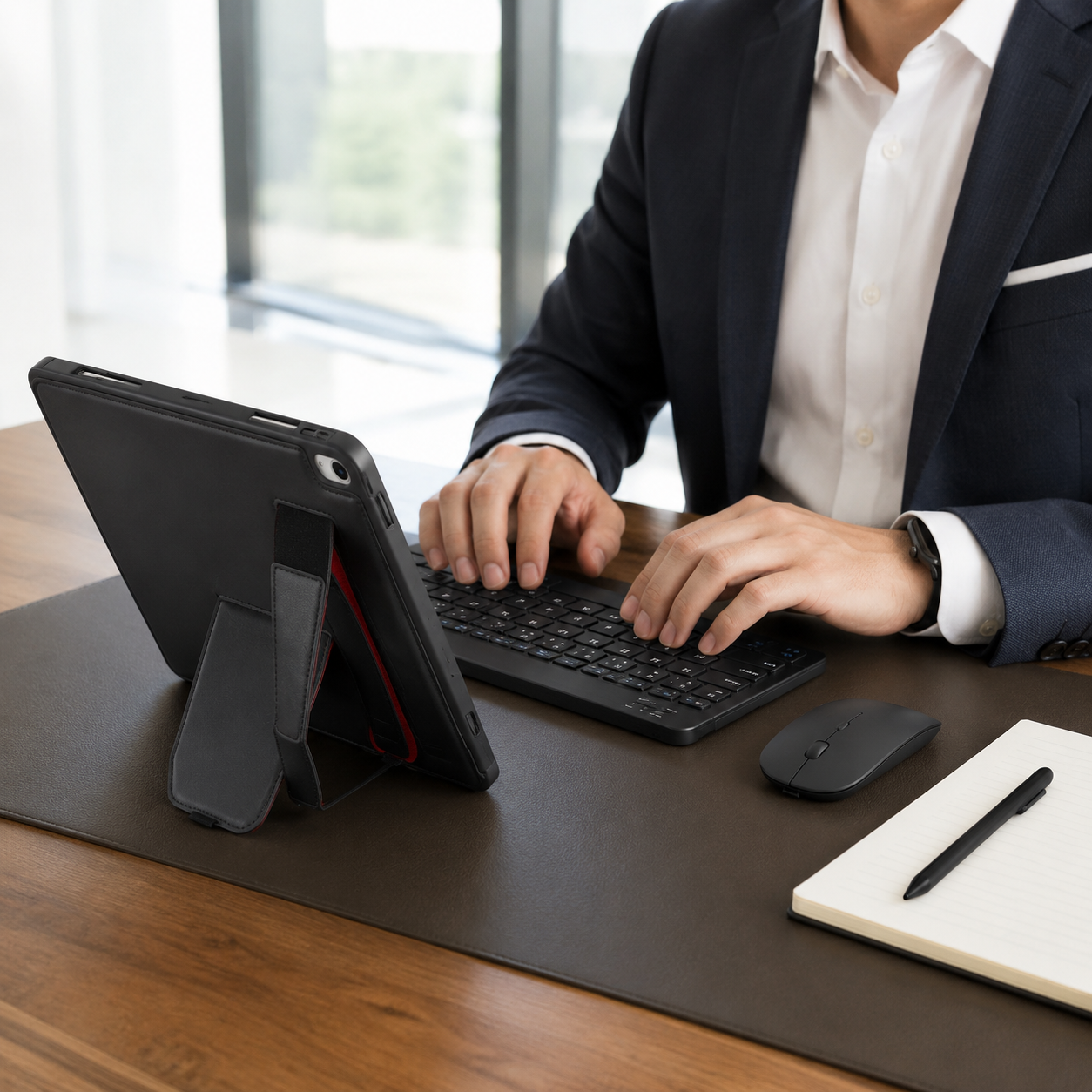 Professional using Executive WorkForce iPad bundle at a modern conference table