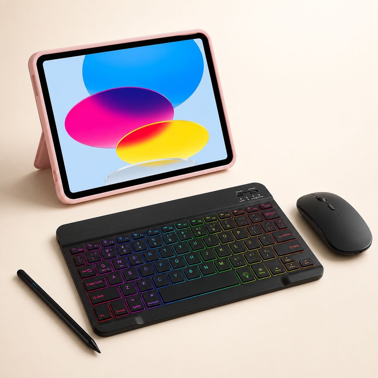 Pink Executive WorkForce leather-finish iPad case with colorful backlit RhinoKeys 10-inch keyboard, wireless mouse and universal stylus
