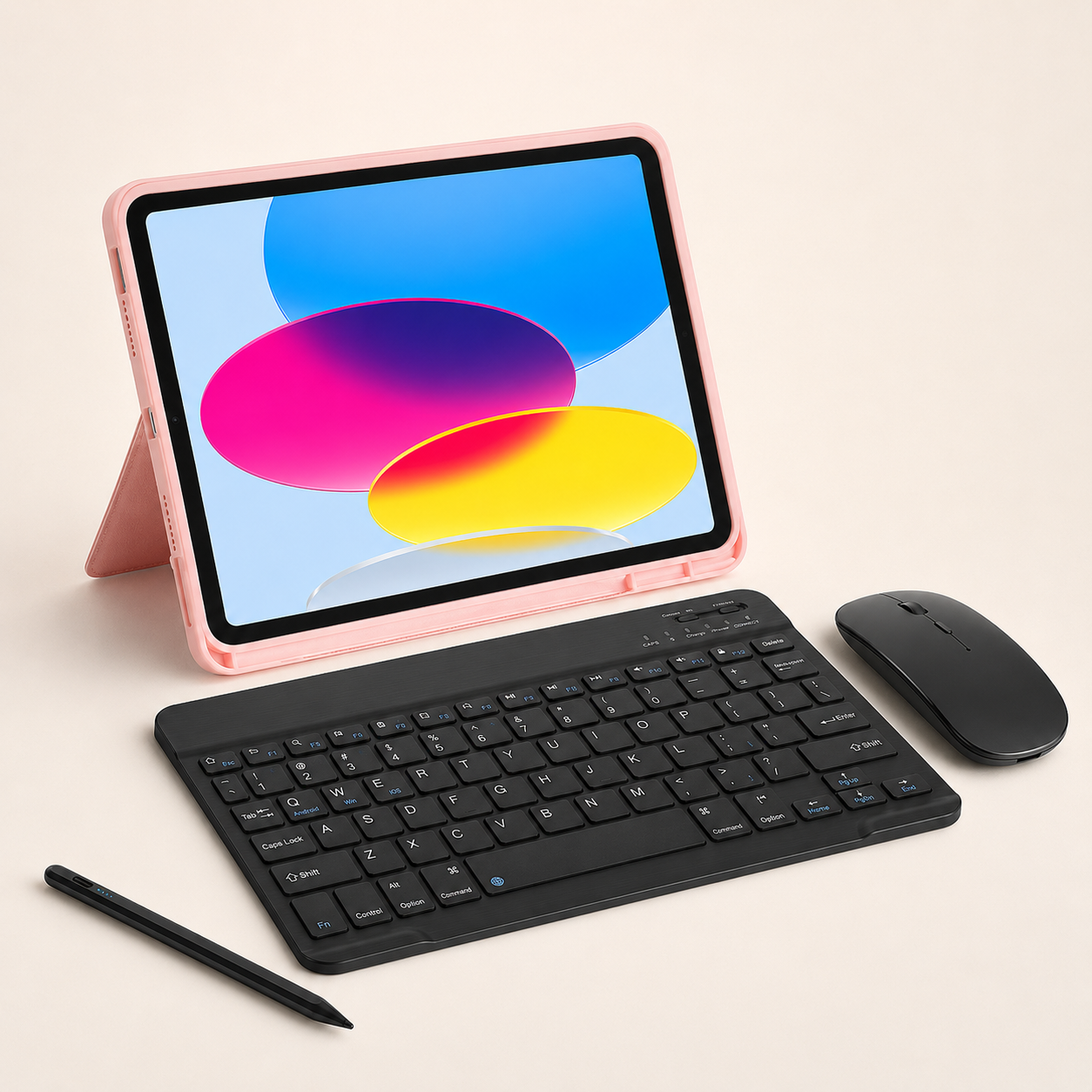 Pink Executive WorkForce leather-finish iPad case with black RhinoKeys Pro 10-inch keyboard, wireless mouse and universal stylus
