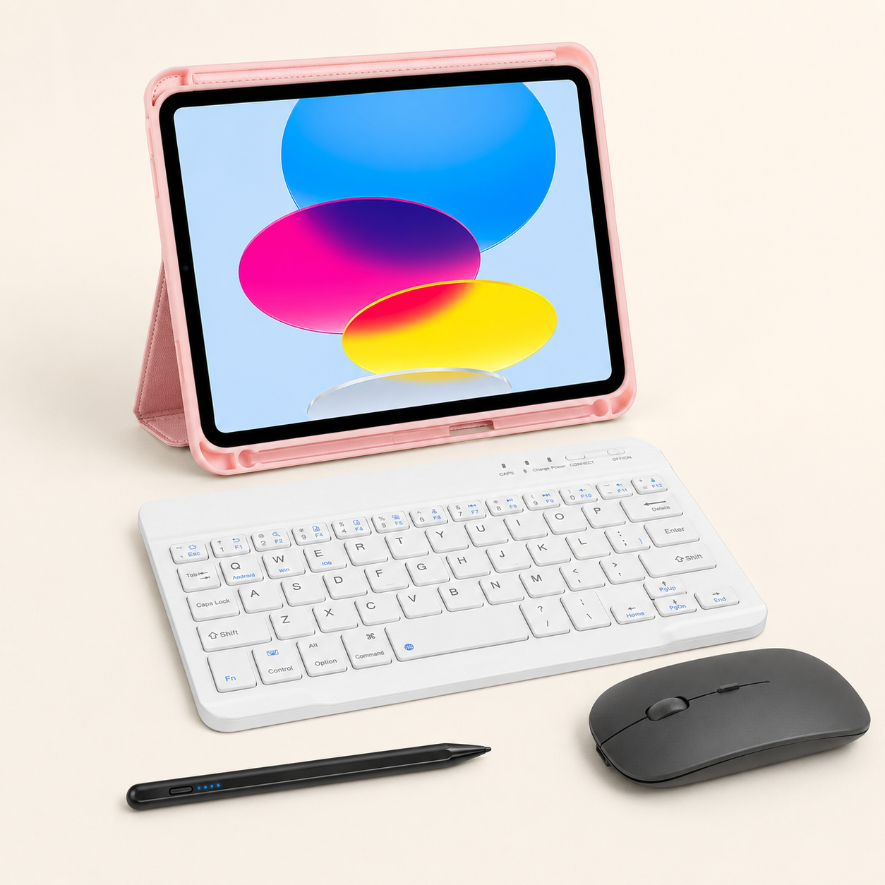 Pink Executive WorkForce leather-finish iPad case with white RhinoKeys Pro 10-inch keyboard, wireless mouse and universal stylus
