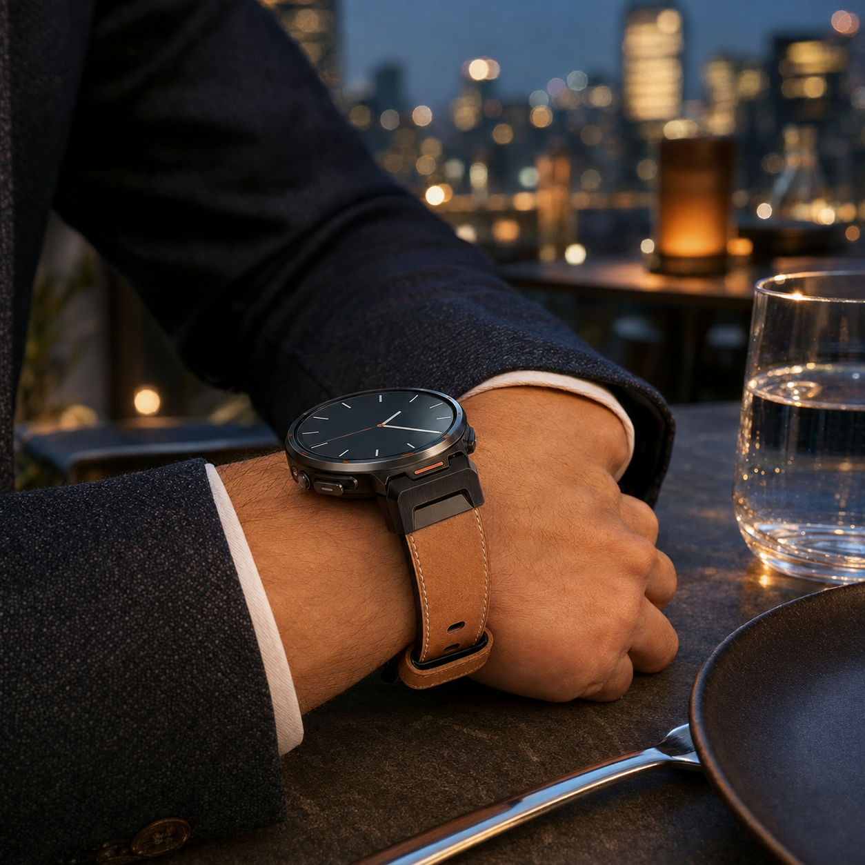 Brown Avontic ExecutiveLink leather Galaxy Watch Ultra band in an evening setting