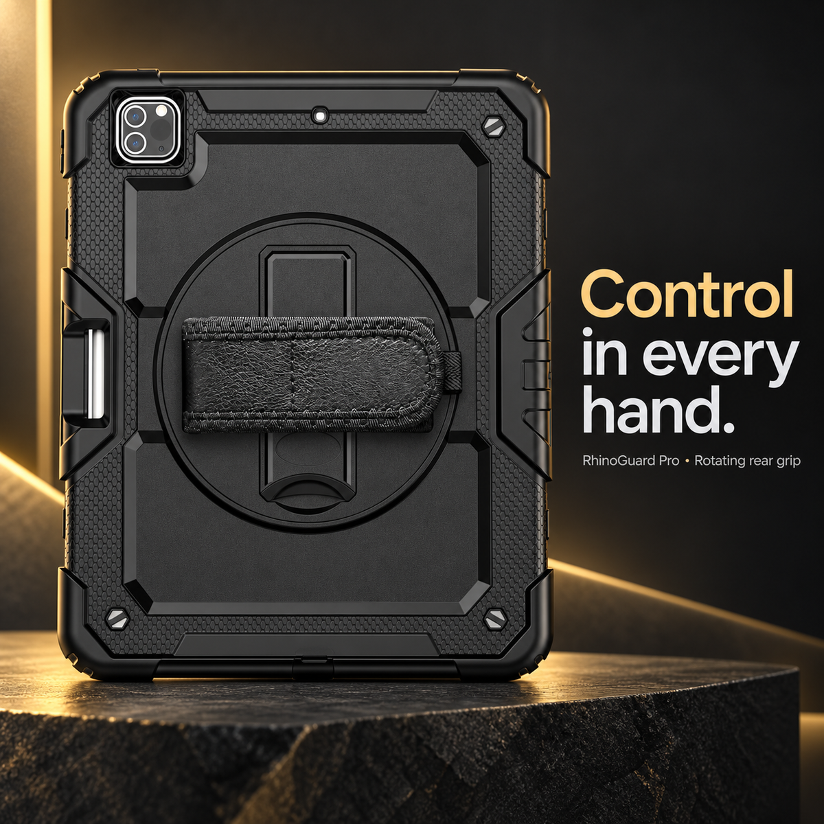 RhinoGuard Pro rotating hand-strap and rear stand detail