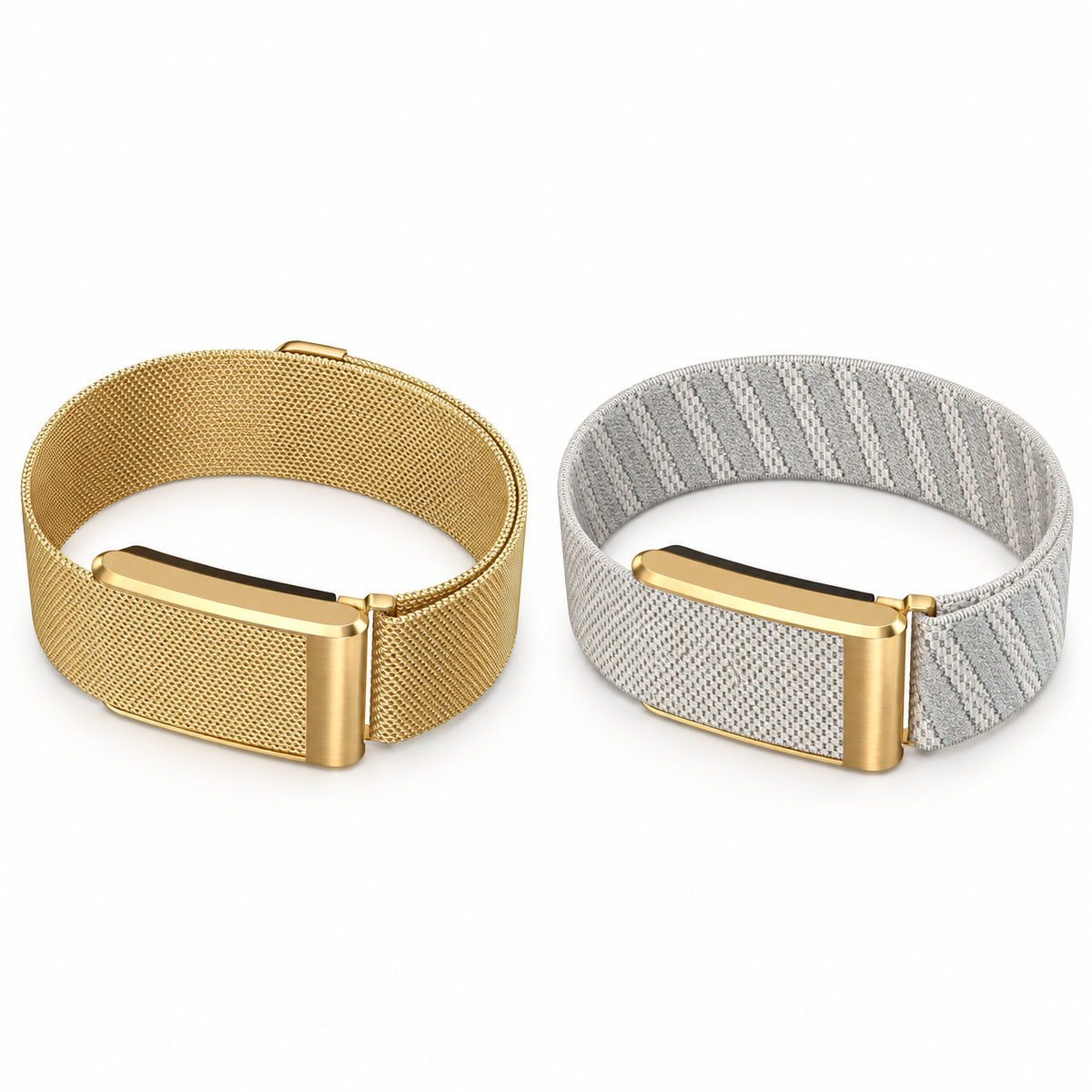 Fitbit Air Day-to-Night Duo with Champagne Gold mesh and starlight nylon bands on white; tracker not included