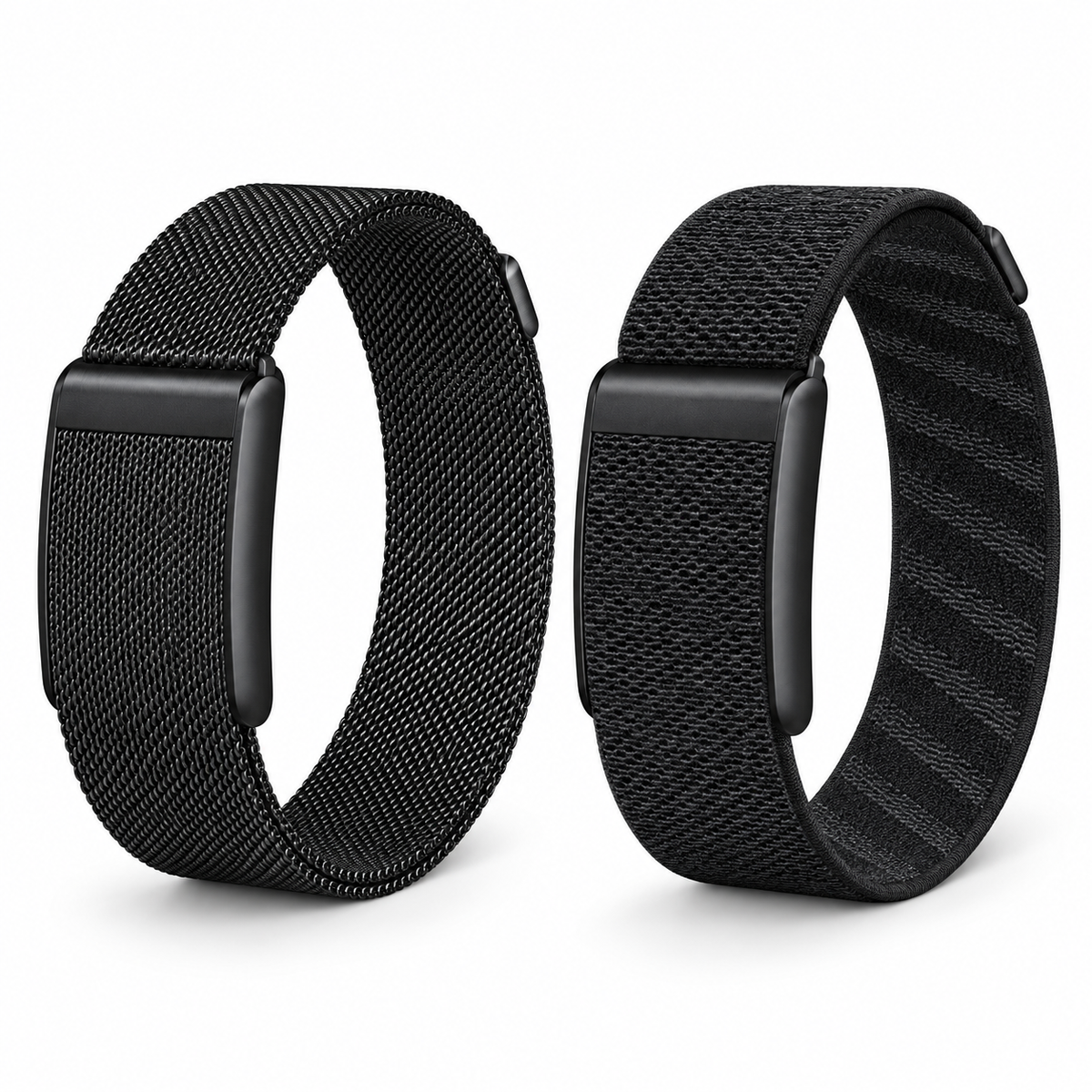 Fitbit Air Day-to-Night Duo with Obsidian Black mesh and black nylon bands on white; tracker not included