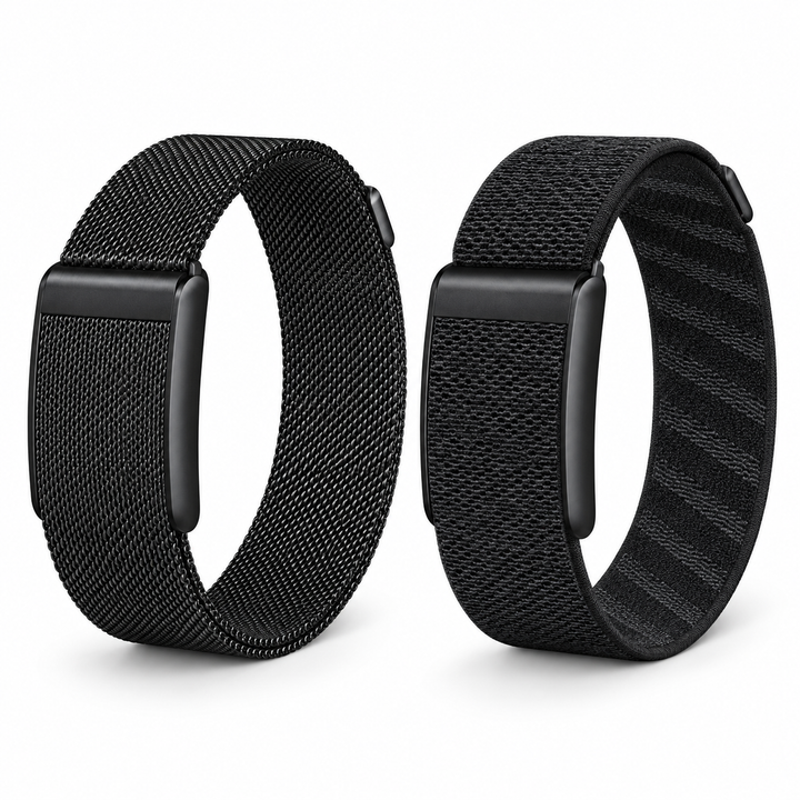 Fitbit Air Day-to-Night Duo with Obsidian Black mesh and black nylon bands on white; tracker not included