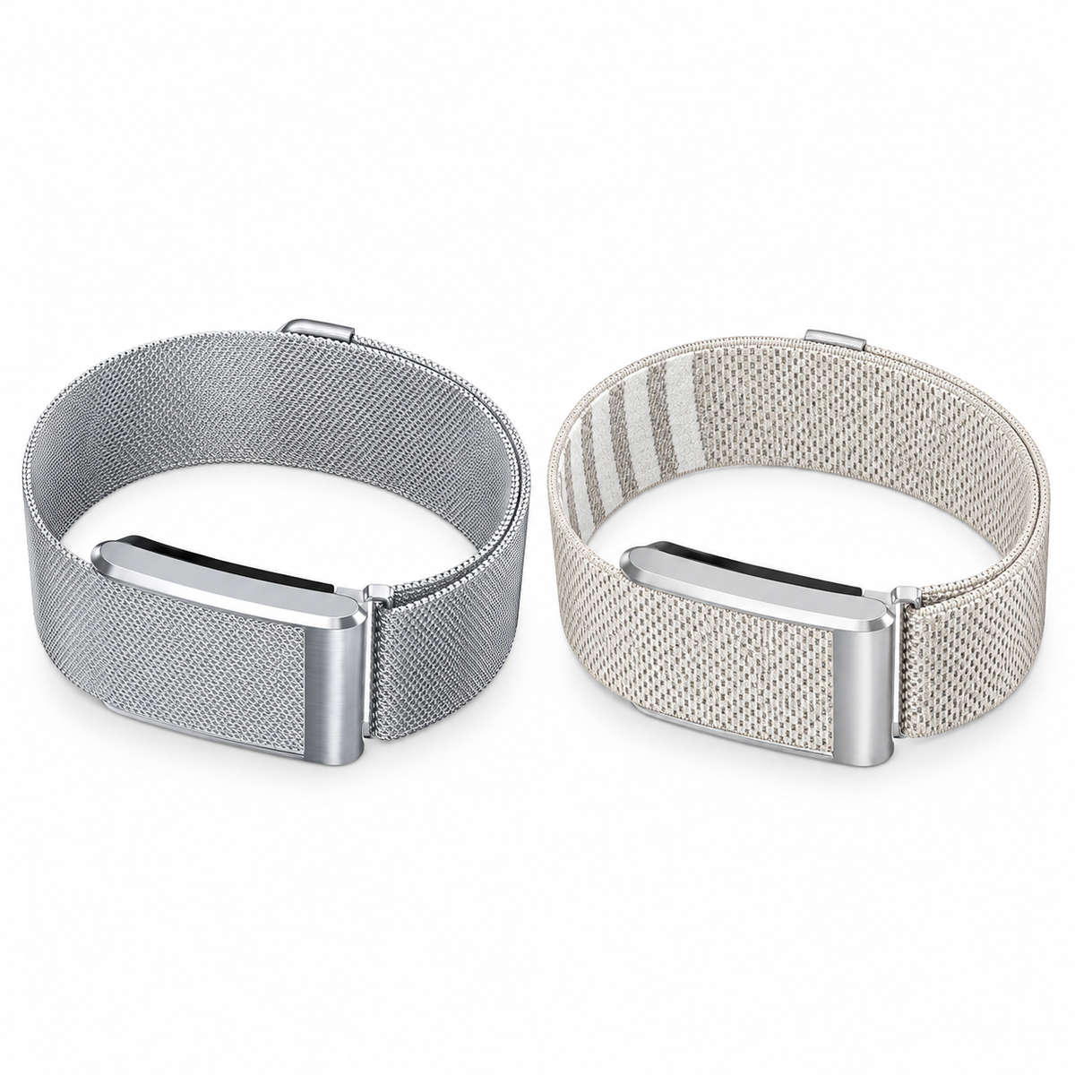 Fitbit Air Day-to-Night Duo with Silver mesh and stone nylon bands on white; tracker not included