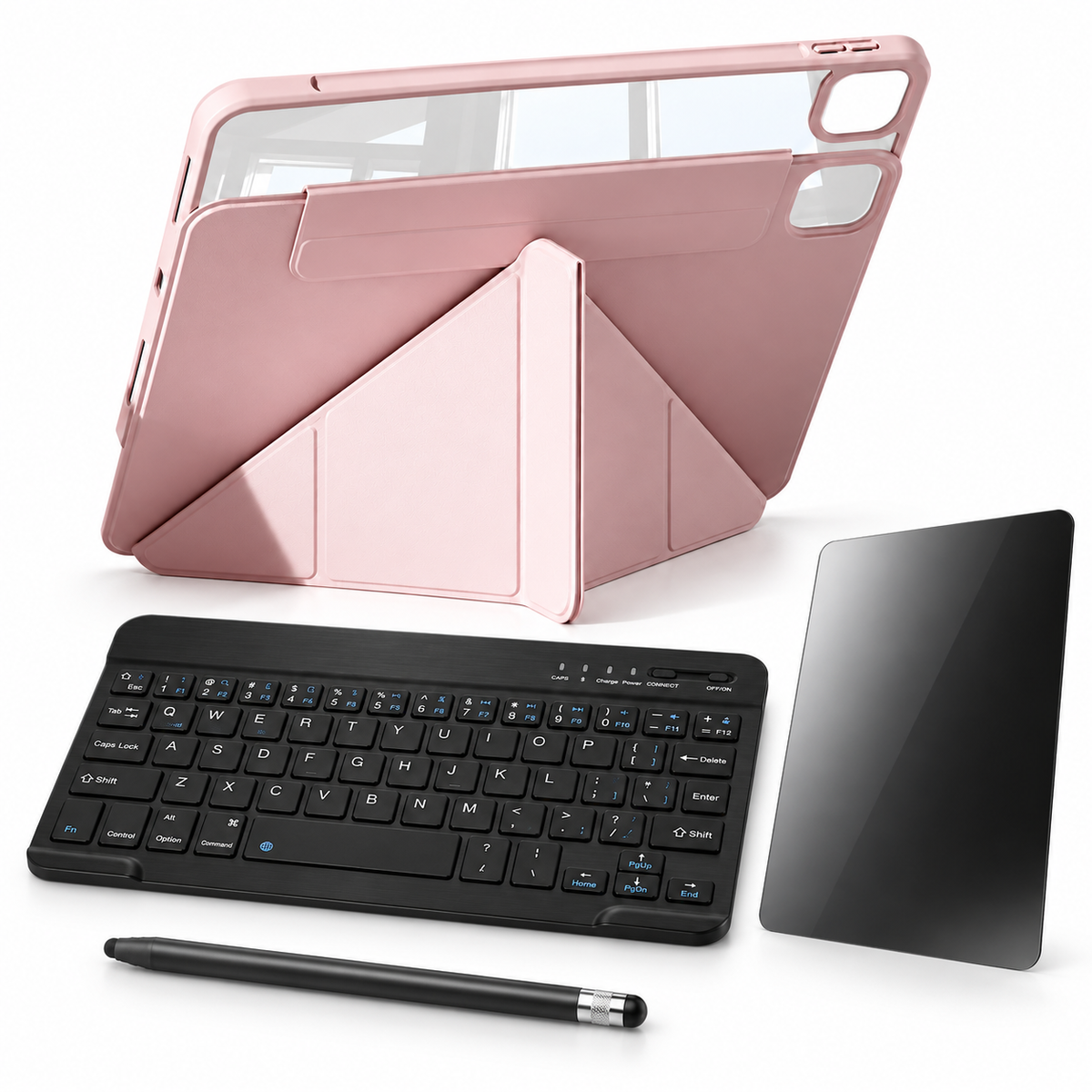 FormaLift Flex Complete bundle in Pink: iPad case, 10-inch RhinoKeys keyboard, ApexTouch stylus, privacy glass; representative iPad configuration