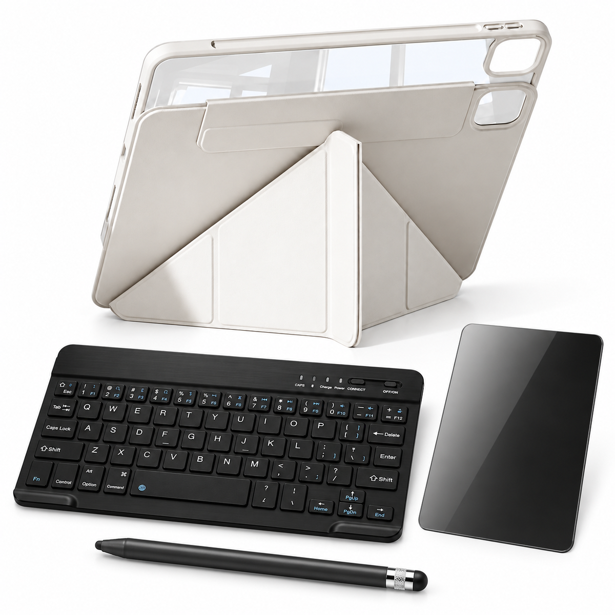 FormaLift Flex Complete bundle in Cream White: iPad case, 10-inch RhinoKeys keyboard, ApexTouch stylus, privacy glass; representative iPad configuration