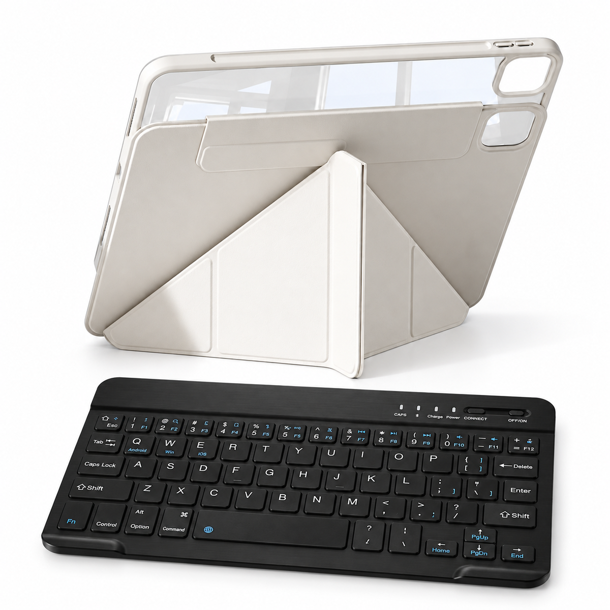 FormaLift Flex Work bundle in Cream White: iPad case, 10-inch RhinoKeys keyboard; representative iPad configuration