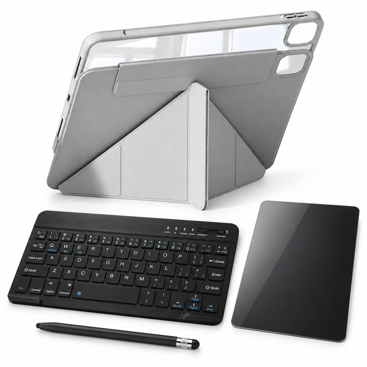FormaLift Flex Complete bundle in Grey: iPad case, 10-inch RhinoKeys keyboard, ApexTouch stylus, privacy glass; representative iPad configuration