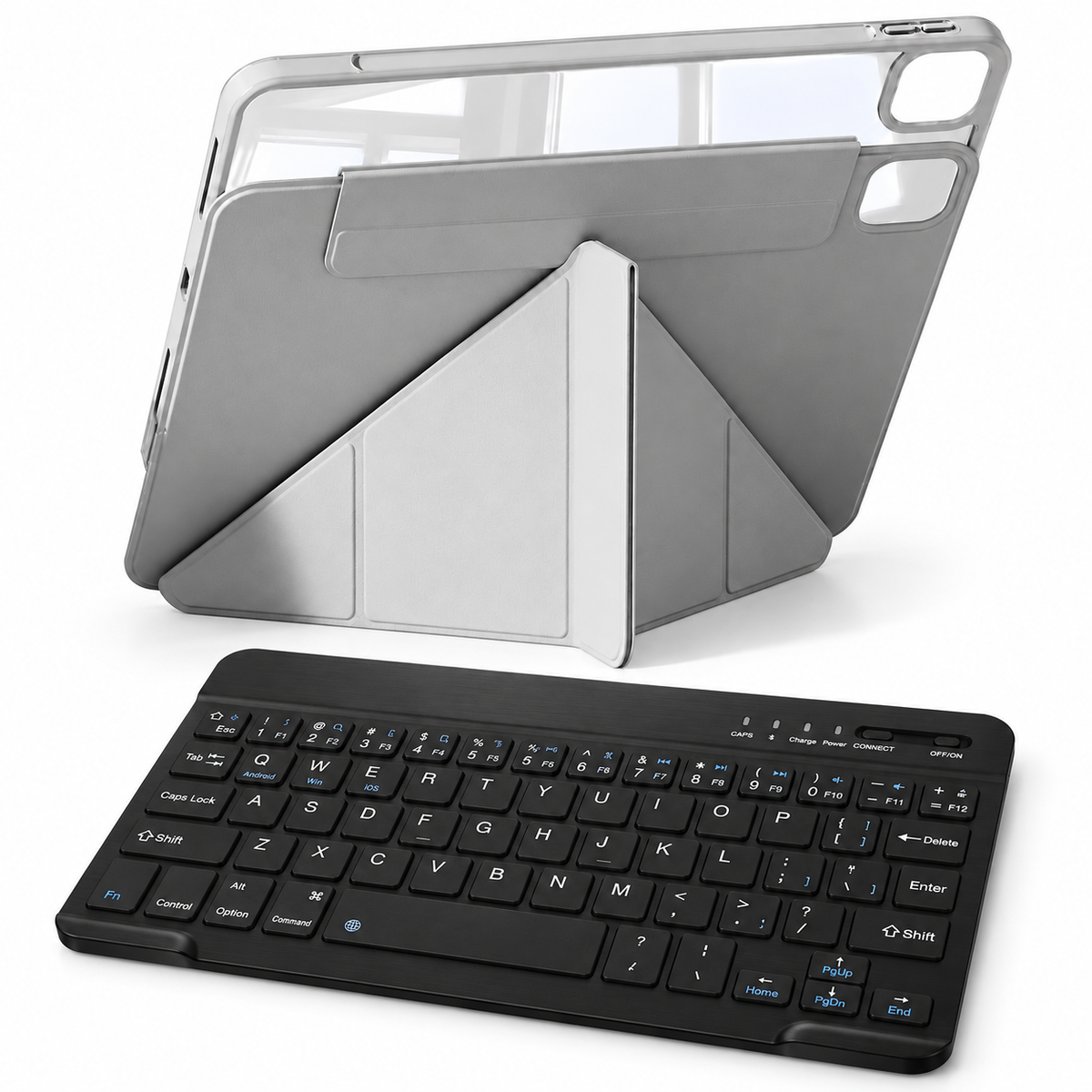 FormaLift Flex Work bundle in Grey: iPad case, 10-inch RhinoKeys keyboard; representative iPad configuration