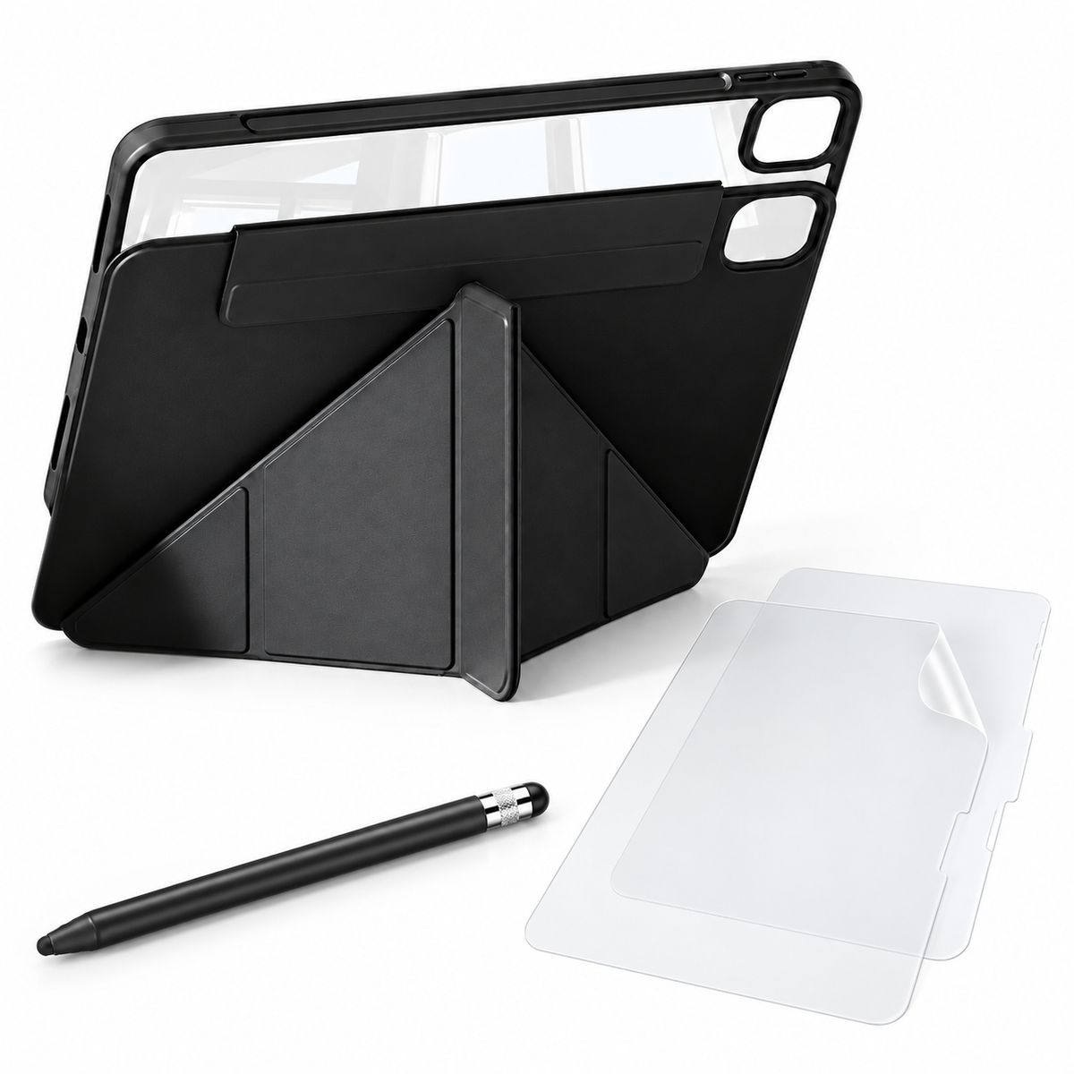 FormaLift Flex case in black, two PaperTouch matte screen films and a black ApexTouch stylus, on white
