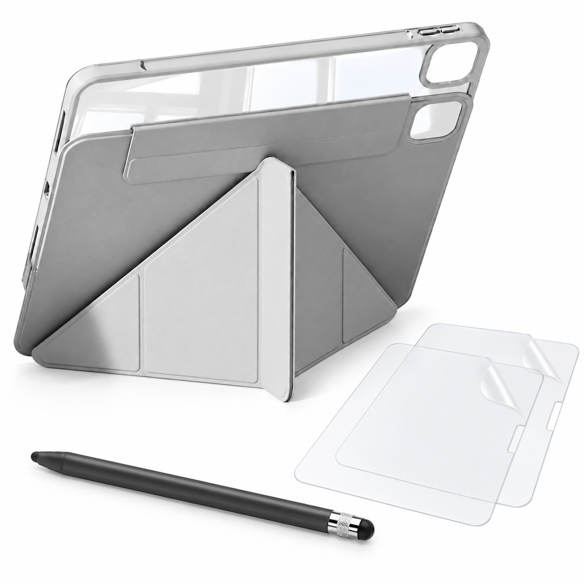 FormaLift Flex case in grey, two PaperTouch matte screen films and a black ApexTouch stylus, on white