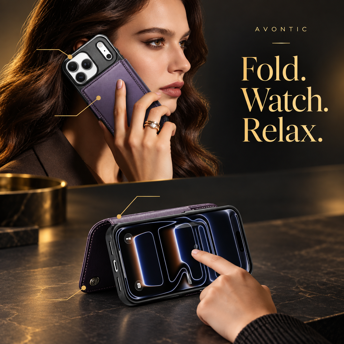 Avontic Magnetic Wallet Case — Fold. Watch. Relax.