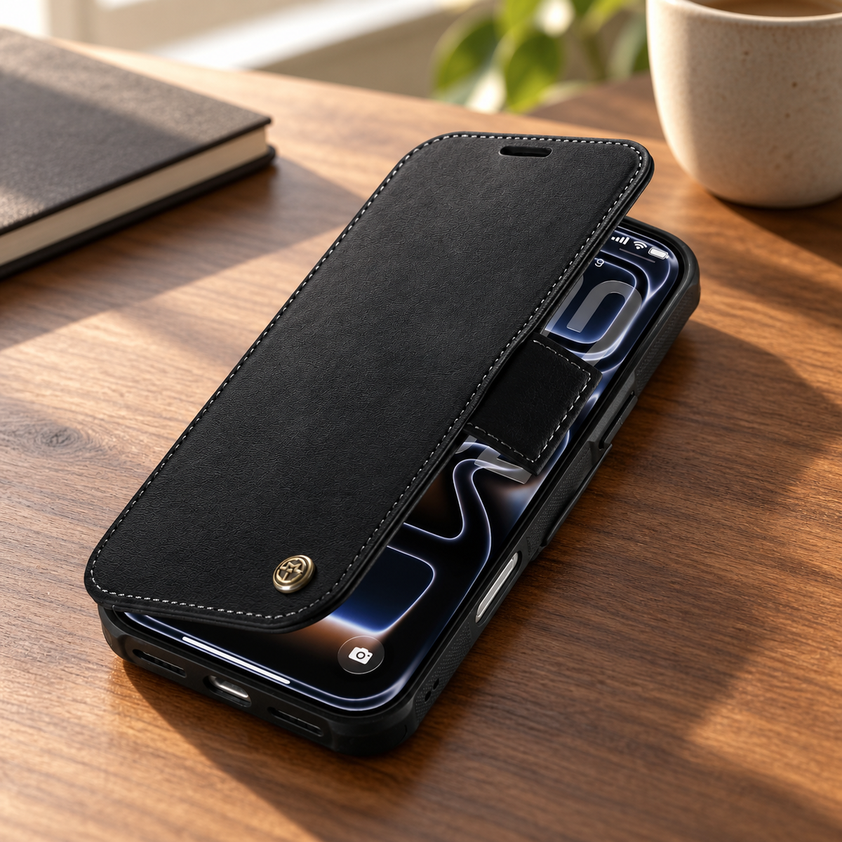 Avontic Magnetic Wallet Case — desk lifestyle view