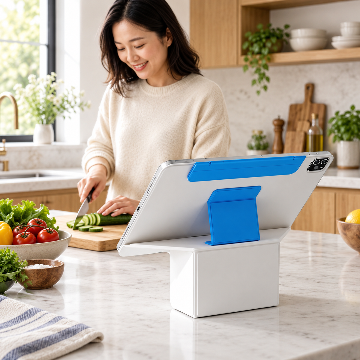 White and blue FormaLift Duo iPad case on an elevated stand in a bright kitchen. Device and props not included.