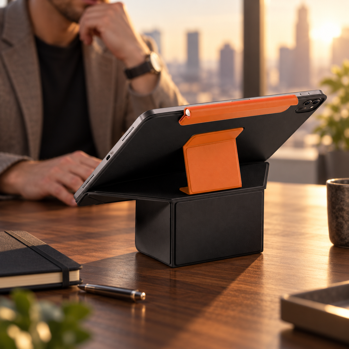 Black and orange FormaLift Duo iPad case on an elevated stand at a walnut desk. Device and props not included.