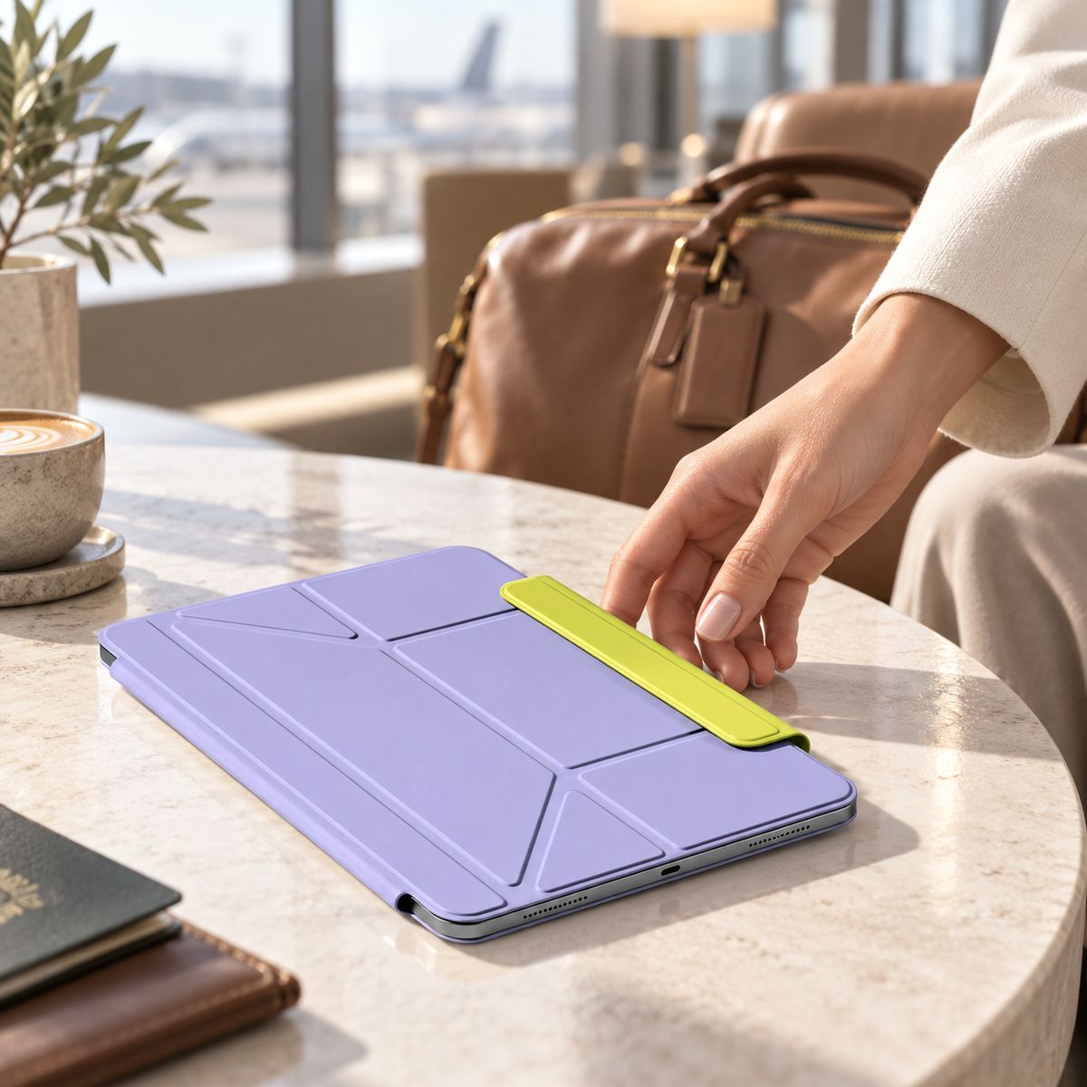 Violet and yellow FormaLift Duo folio folded closed on a travel lounge table. Device and props not included.