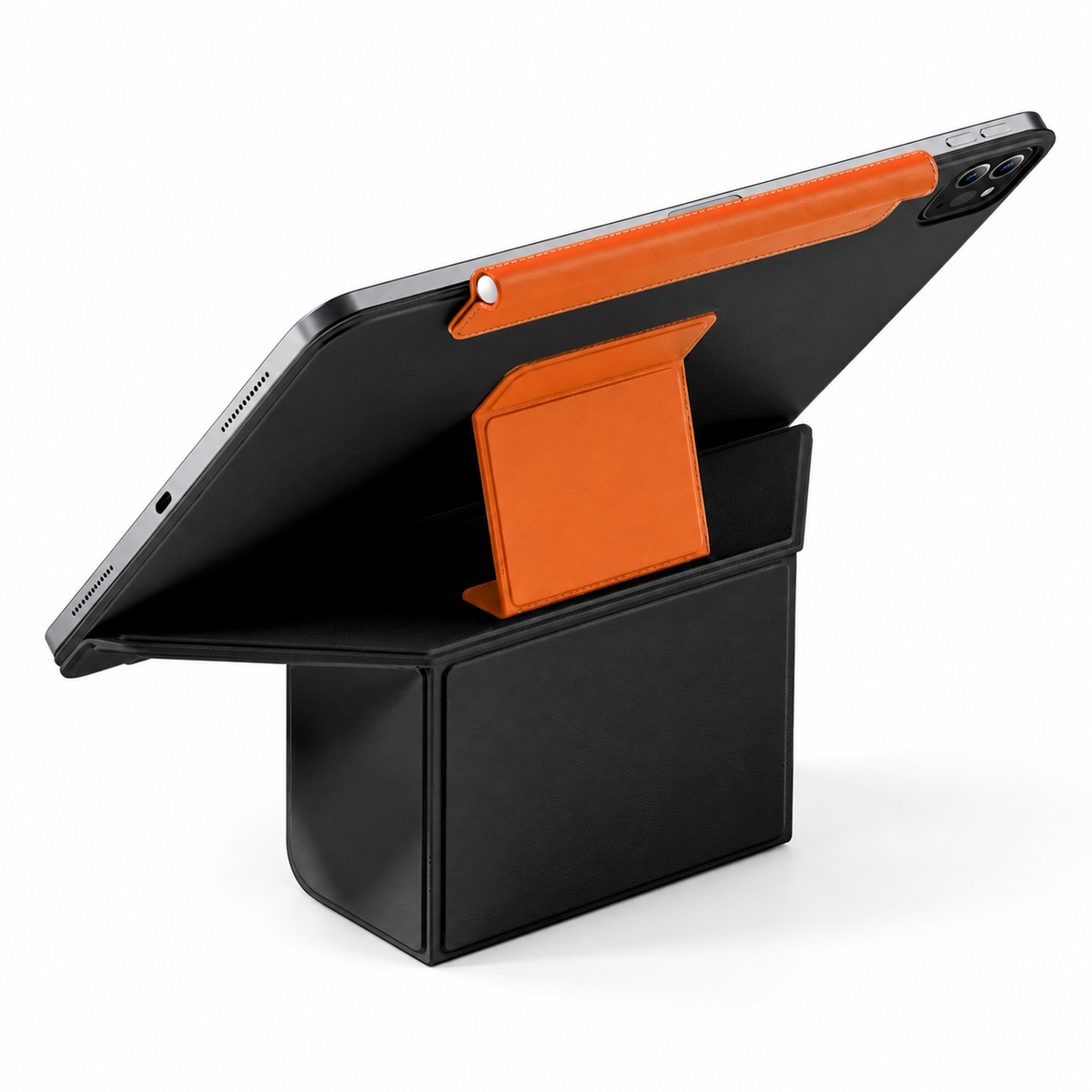 Avontic FormaLift Duo iPad case in Black and Orange, rear view with folding stand on white background
