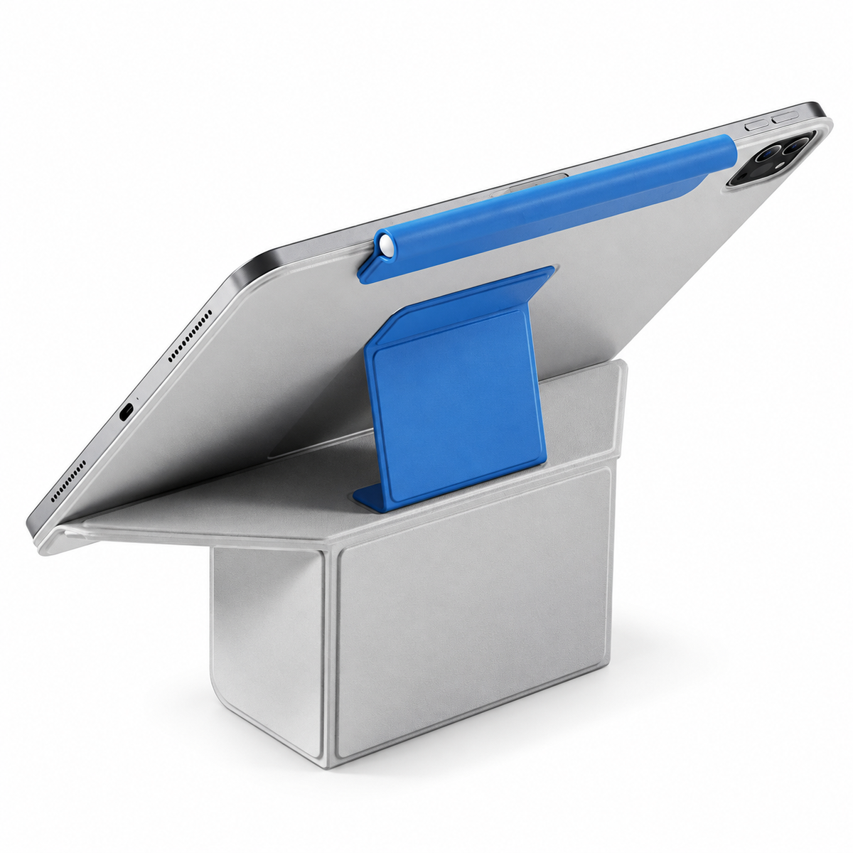 Avontic FormaLift Duo iPad case in Gray and Blue, rear view with folding stand on white background