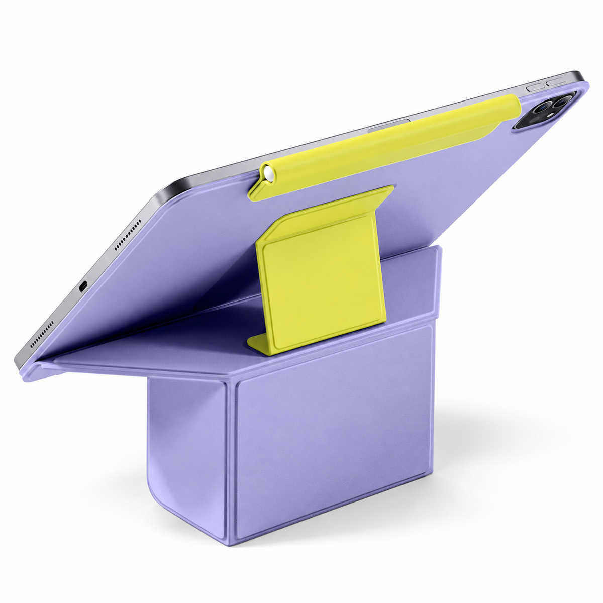 Avontic FormaLift Duo iPad case in Violet and Yellow, rear view with folding stand on white background