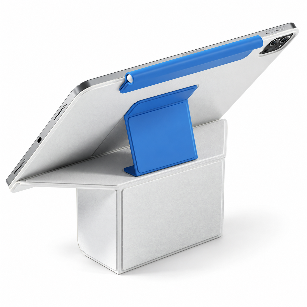Avontic FormaLift Duo iPad case in White and Blue, rear view with folding stand on white background