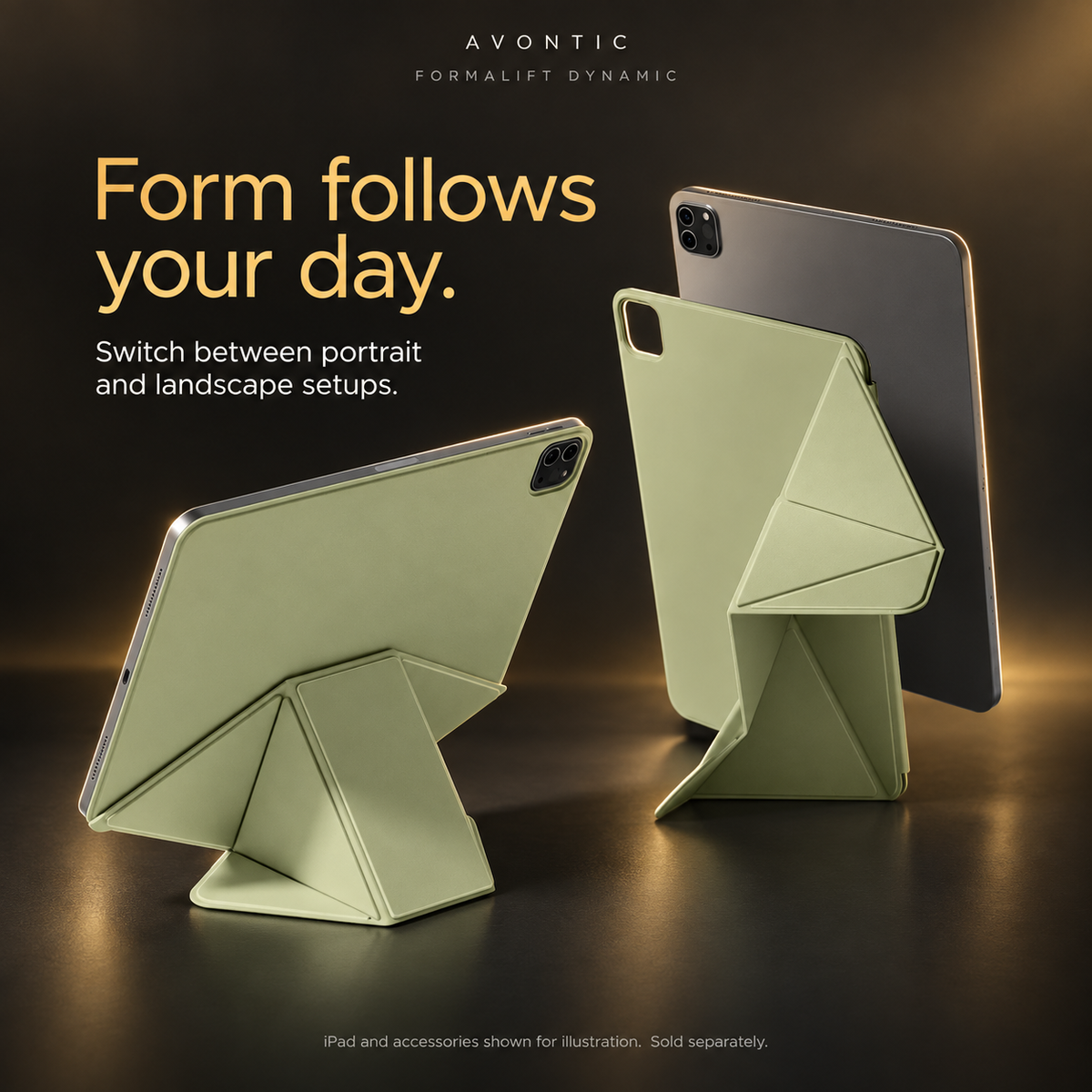 FormaLift Dynamic green case in portrait and landscape origami stand positions
