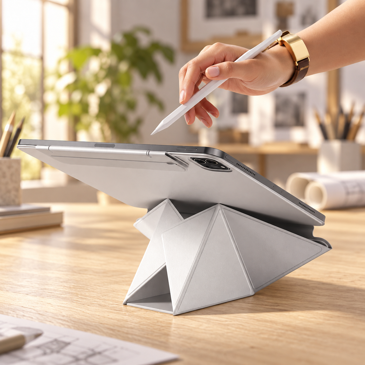 Gray FormaLift Dynamic iPad case in its low-angle drawing position on a creative studio desk. Device and props not included.