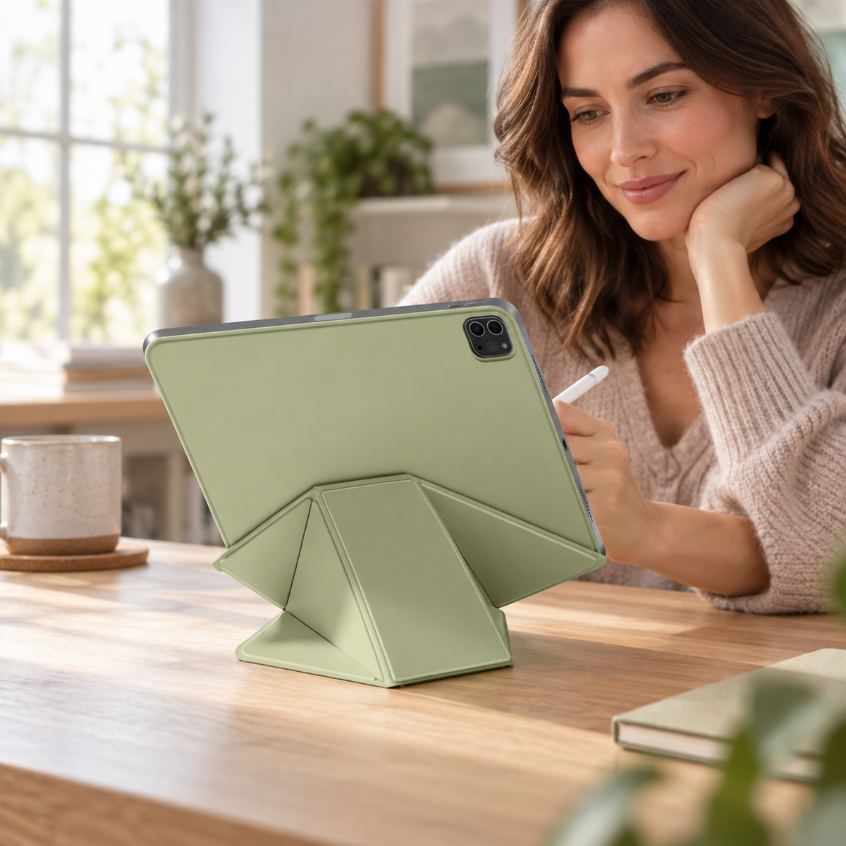 Green FormaLift Dynamic iPad case with origami folding stand in a home office. Device and props not included.