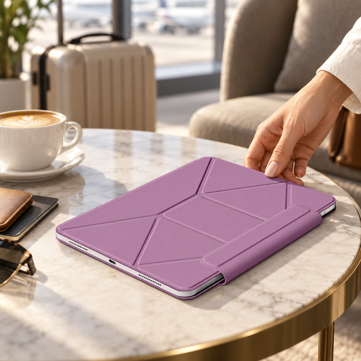 Sunset purple FormaLift Dynamic iPad folio folded closed on a travel lounge table. Device and props not included.
