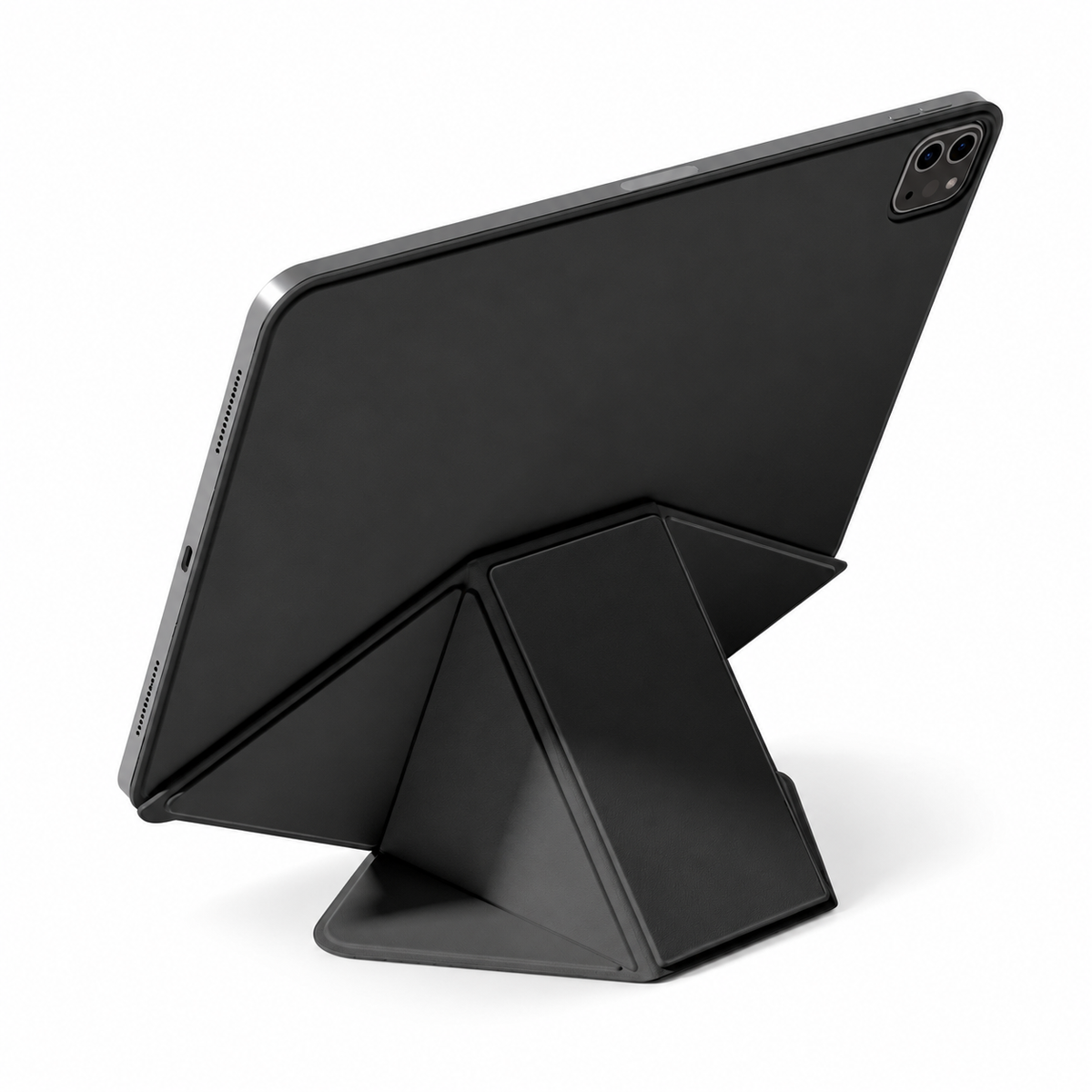 Avontic FormaLift Dynamic iPad case in Black, rear view with folding stand on white background