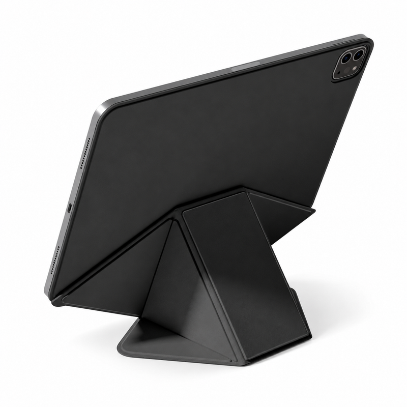 Avontic FormaLift Dynamic iPad case in Black, rear view with folding stand on white background