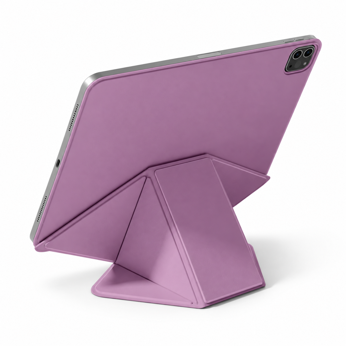 Avontic FormaLift Dynamic iPad case in Sunset Purple, rear view with folding stand on white background