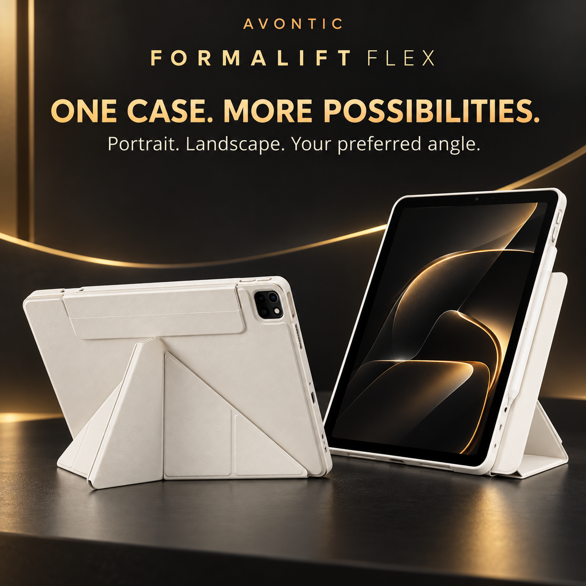 Avontic FormaLift Flex case in portrait and landscape support configurations