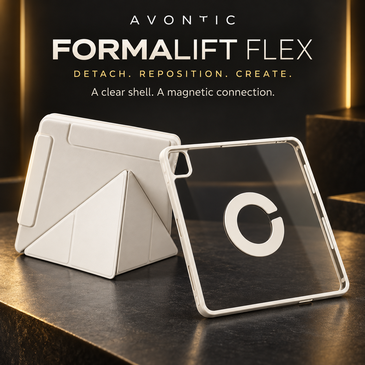 Avontic FormaLift Flex detachable clear magnetic shell and folding folio