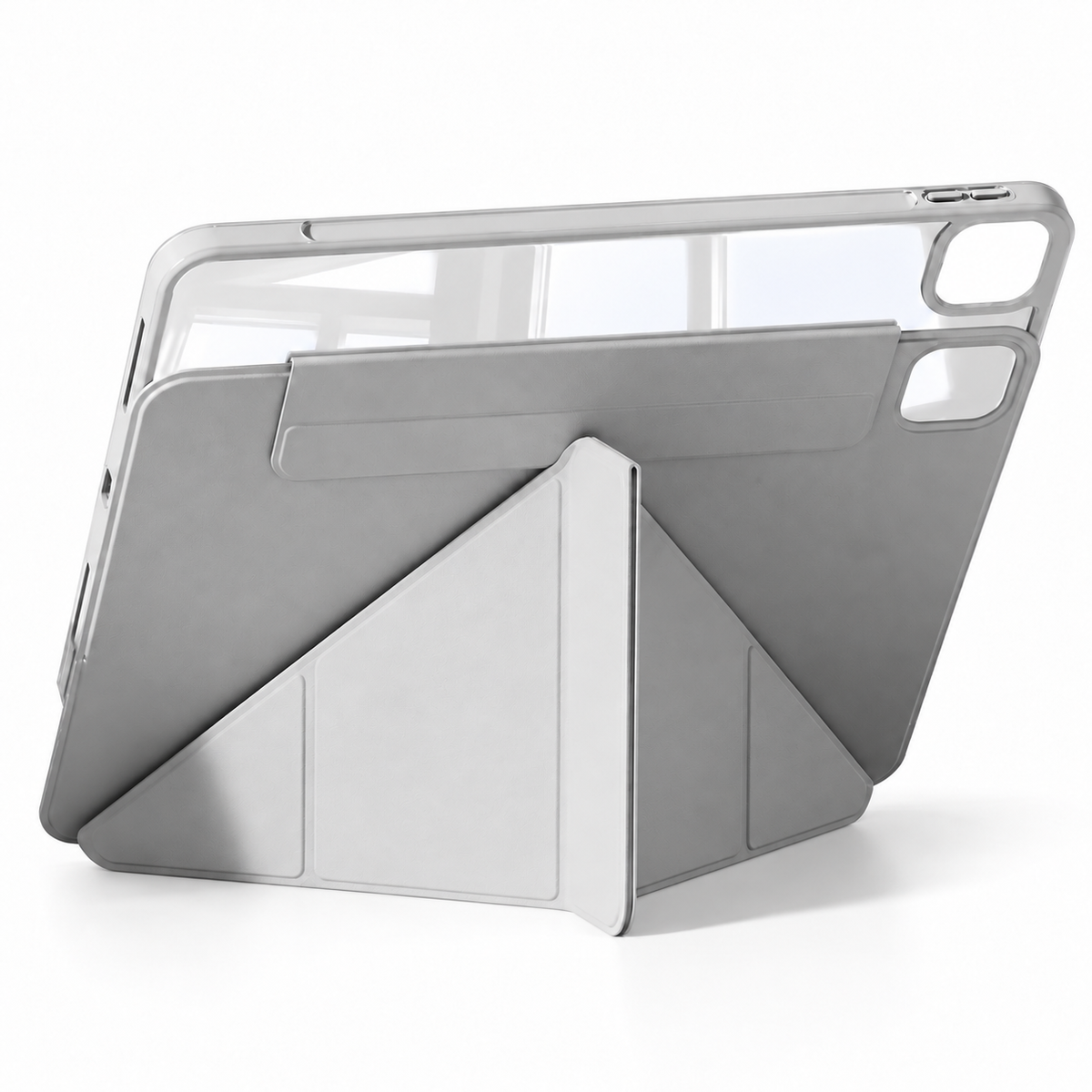Avontic FormaLift Flex Grey empty magnetic iPad case with folded support and open camera cutout; tablet not included